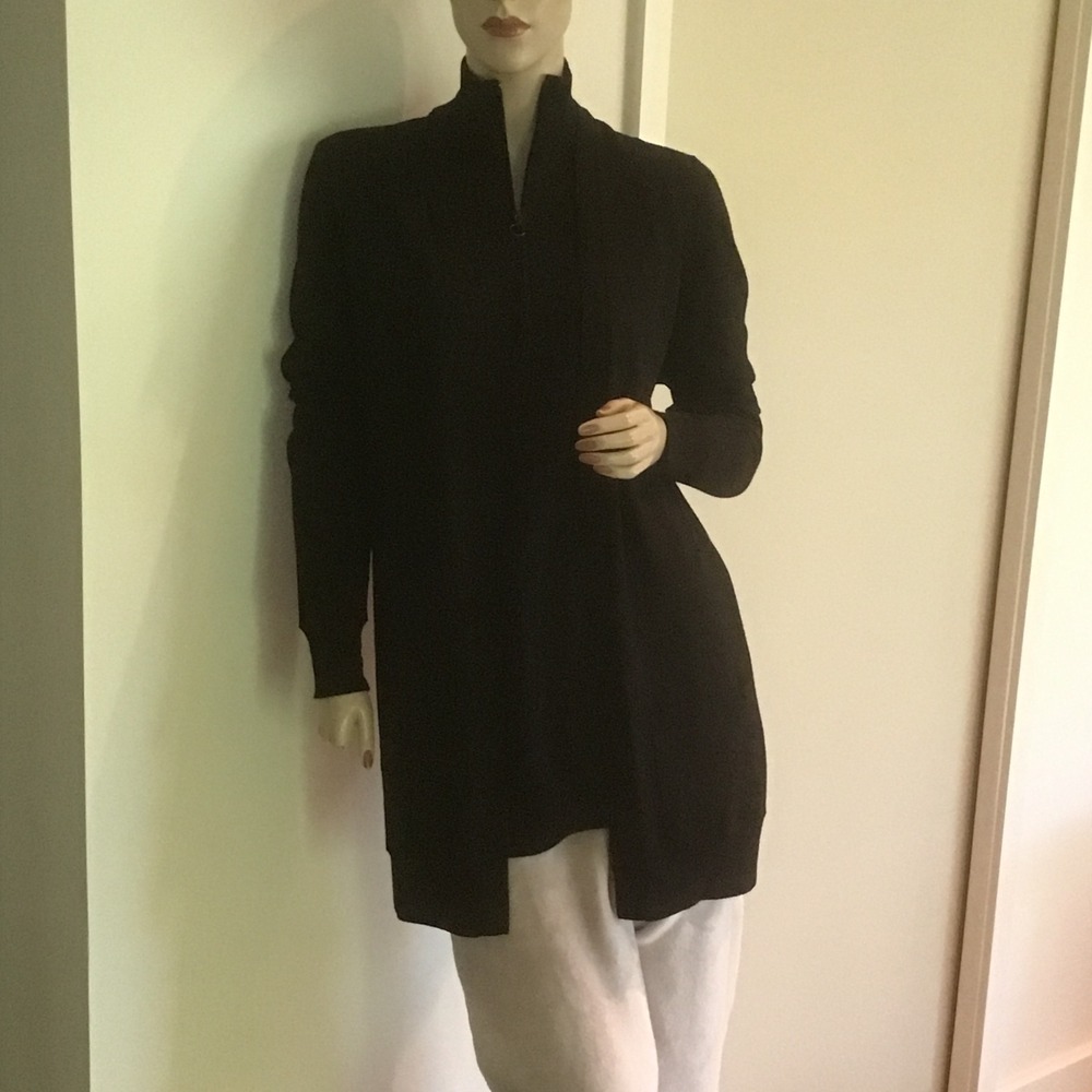 Akris Punto 100% wool Black 1/4 Zip Mock Neck Longline Knit Cardigan Sweater 10